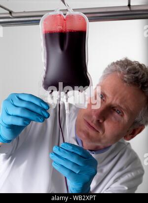 Il sangue del donatore di elaborazione. Il donatore il sangue viene separato nei suoi componenti. Foto Stock