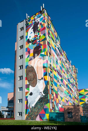 Graffiti street art su edifici su Oktyabrskaya Street a Minsk, in Bielorussia. Foto Stock