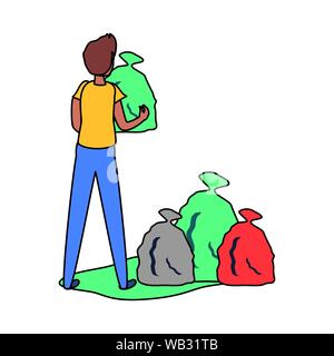 Avatar uomo con cestino borsa Progettare, Garbage riciclo eco ecologia salva e il tema ambiente illustrazione vettoriale Illustrazione Vettoriale