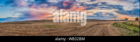 Vista panoramica delle colline e campi dopo la falciatura del grano durante l'estate il tramonto. Warmia e Masuria. Polonia Foto Stock