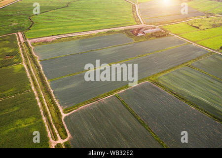 Farmland paesaggio dell'antenna. Piccola fattoria, campi agricoli e strade sterrate vista aerea Foto Stock