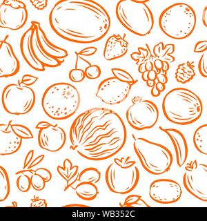 Frutta sfondo o modello senza cuciture. Cibo naturale, illustrazione vettoriale dell'agricoltura Illustrazione Vettoriale