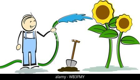 Sorridente giardiniere amatoriale stickman impianti di irrigazione con tubo flessibile da giardino illustrazione vettoriale Illustrazione Vettoriale