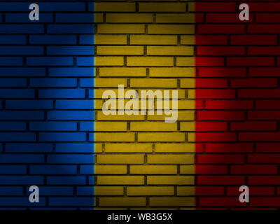 Bandiera della Romania sulla parete di mattoni. 3d'illustrazione. Foto Stock