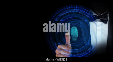 Pollice finger print security log in. Sicurezza del cyberspazio il concetto di sistema sullo sfondo. Foto Stock