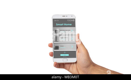 Smart home app, telecomando, telefono cellulare isolata contro uno sfondo bianco. Frigo, fornello elettrico e lavaggio macchina asciugatrice. 3d illustrazione Foto Stock