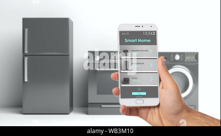 Smart home app, telecomando. Home appliances impostato e il telefono cellulare contro uno sfondo bianco. Frigo, fornello elettrico e lavaggio macchina asciugatrice. 3d il Foto Stock