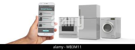 Smart home app, telecomando. Home appliances impostato e il telefono cellulare contro uno sfondo bianco, banner. Frigo, fornello elettrico e lavaggio essiccatore machin Foto Stock