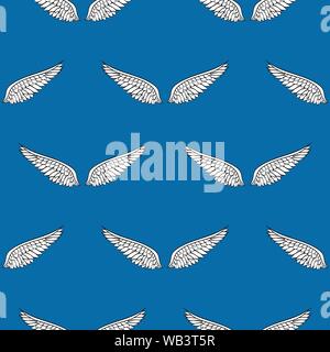 Ali bianche su sfondo blu vector pattern senza giunture Illustrazione Vettoriale