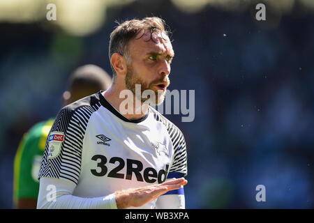 Derby, Regno Unito. 24 Agosto, 2019. Richard Keogh (6) del Derby County durante il cielo di scommessa match del campionato tra Derby County e West Bromwich Albion al Pride Park, Derby sabato 24 agosto 2019. (Credit: Jon Hobley | MI News) solo uso editoriale, è richiesta una licenza per uso commerciale. Nessun uso in scommesse, giochi o un singolo giocatore/club/league pubblicazioni. La fotografia può essere utilizzata solo per il giornale e/o rivista scopi editoriali: Credito MI News & Sport /Alamy Live News Foto Stock