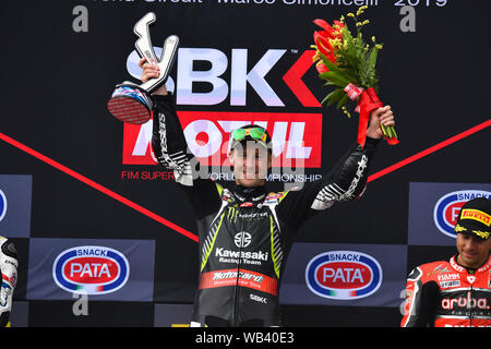 1 Jonathan Rea al podio durante Pata Riviera di Rimini Round7 Mondo SBK - Gara1, Misano Adriatico, Italia, 22 giu 2019, motori il Mondiale Superbike - SBK Foto Stock