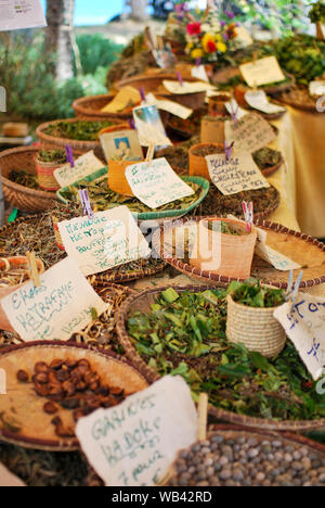 Supporto di mercato con spezie e herbes in san Paolo su la isola di Reunion Foto Stock