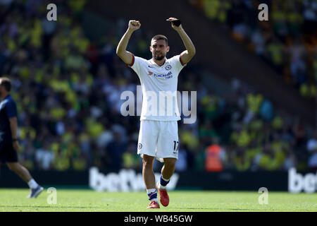 Norwich, Norfolk, Regno Unito. Norwich, Norfolk, Regno Unito. 24 agosto 2019; English Premier League Football, Norwich contro Chelsea Football Club; Mateo Kovacic del Chelsea celebra la vittoria di 2-3 - rigorosamente solo uso editoriale. Nessun uso non autorizzato di audio, video, dati, calendari, club/campionato loghi o 'live' servizi. Online in corrispondenza uso limitato a 120 immagini, nessun video emulazione. Nessun uso in scommesse, giochi o un singolo giocatore/club/league pubblicazioni Credit: Azione Plus immagini di sport/Alamy Live News Foto Stock