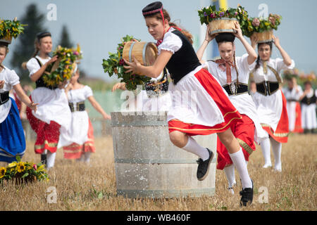 Markgröningen, Germania. 24 agosto 2019, 24 agosto 2019, Baden-Wuerttemberg, Markgröningen: Ragazze eseguito durante il Markgröninger Schäferlauf con benne sulle loro teste. Essi devono versare l'acqua fuori delle tazze in una canna. Foto: Sebastian Gollnow/dpa Credito: dpa picture alliance/Alamy Live News Foto Stock