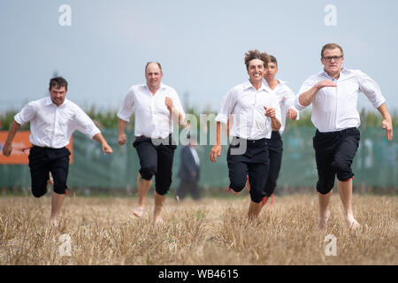 Markgröningen, Germania. 24 agosto 2019, 24 agosto 2019, Baden-Wuerttemberg, Markgröningen: Pastori correre su un campo di stoppie durante il Markgröninger Schäferlauf. Dominik Fröschle (r) ha vinto la Schäferlauf. Foto: Sebastian Gollnow/dpa Credito: dpa picture alliance/Alamy Live News Foto Stock