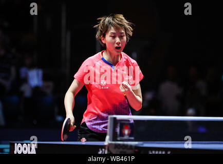 Olomouc, Repubblica Ceca. 24 Ago, 2019. Liu Weishan della Cina celebra durante una singolare femminile quarterfinal match contro Hirano Miu del Giappone all'2019 ITTF aperto ceca a Olomouc, Repubblica ceca, 24 agosto 2019. Credito: Shan Yuqi/Xinhua/Alamy Live News Foto Stock