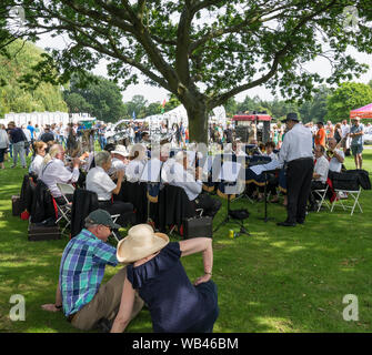 Il Suffolk Phoenix Brass Band che suona in ombra della struttura ad albero Helmingham Festival di Classic & Sports Cars 2019 Foto Stock