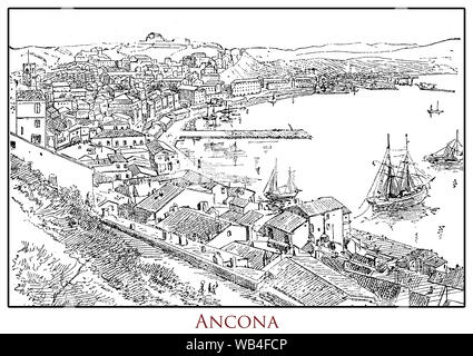 Tabella illustrata con una vista panoramica della città di porto di Ancona nelle Marche in Italia centrale, da un lessico del XIX secolo Foto Stock