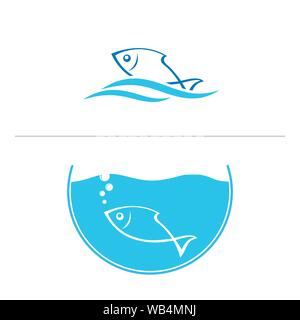 Pesce in acqua e la relativa icona. Pesci di acquario icona. Uno stile piatto illustrazione, pesce logo del modello. Illustrazione Vettoriale