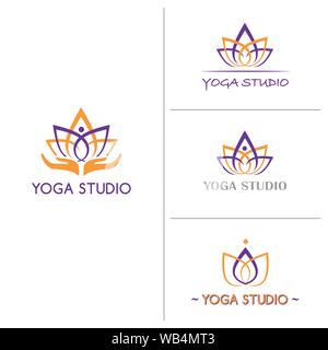 Fiore di loto logo abstract template vettoriale. Abstract stilizzata del corpo umano silhouette in fiore di loto. Lotus logo minimalista vettore. Yoga studio logo. Illustrazione Vettoriale