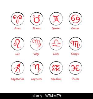 Set di vettore di disegnato a mano i segni zodiacali. In stile minimalista cerchio zodiacale icone su sfondo bianco. Illustrazione Vettoriale