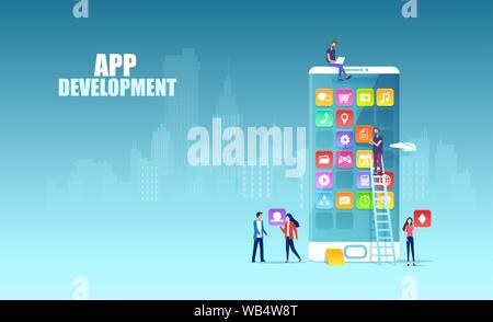 Mobile App development concept. Vettore di software indipendenti professionisti lo sviluppo di nuove applicazioni per i dispositivi mobili Illustrazione Vettoriale
