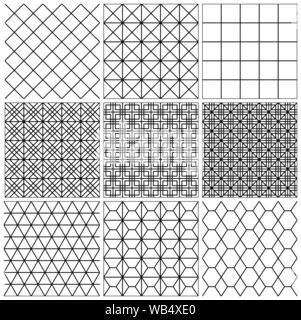 Set di seamless motivi geometrici .Le linee sono di colore nero. Spessore medio. Illustrazione Vettoriale