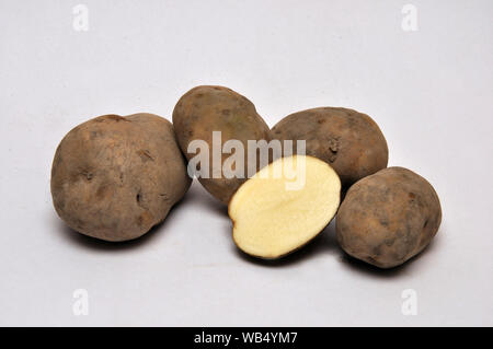 Intero e fette di patate lavate su uno sfondo senza giunture Foto Stock