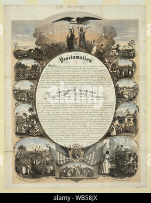 Proclama di emancipazione Abstract: stampa mostra al centro il testo del Proclama di emancipazione con vignette che lo circonda; sulla sinistra sono scene legate alla schiavitù e sulla destra sono scene che mostrano i vantaggi raggiunti attraverso la libertà; mostra anche la giustizia e la Columbia in alto al centro sotto un aquila calva e un ritratto di Abramo Lincoln in basso al centro al di sopra di una scena di ex schiavi dando grazie. Foto Stock