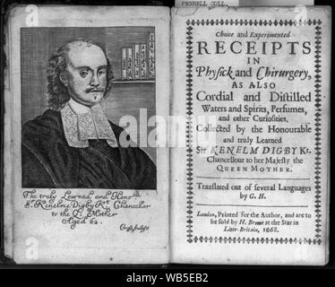 Ritratto inciso di Kenelm Digby e il titolo della pagina dalla sua scelta e sperimentati di ricevute in Physick Chirurgery e. 1668 Abstract/medio: 1 stampa : incisione. Foto Stock