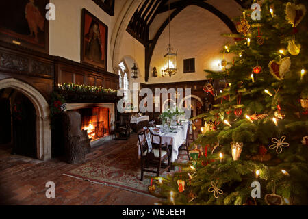 Sala grande a Ightham Mote a Natale con il fuoco e albero Foto Stock