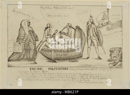 Le accise inquisizione erigere da English schiavi sotto il flagello del loro compito-maestri delle accise ufficiali Abstract: Un British satira su un tentativo da parte di William Pitt e George Rose di trasferire al diritto di accisa taluni dazi all'importazione; in piedi in opposizione è Edward Thurlow. L'immagine centrale mostra Britannia, avvolto in un mantello interno marcata delle accise, essendo cullato in una culla da Pitt e Rose. Un altro uomo, eventualmente William Mainwaring, è in possesso di Britannia la lancia e lo scudo che è etichettata Maner e dicendo da mediante, lullaby; a destra dei suoi piedi si trova il British lion, con gli occhi bendati un Foto Stock