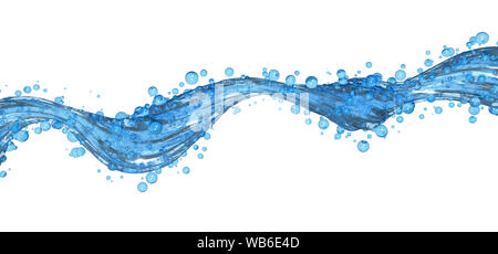 Blu a getto di liquido per avvolgimento a spirale in movimento come acqua con piccole bolle attraversando l'immagine orizzontalmente nella direzione da sinistra a destra su bianco backgro Foto Stock