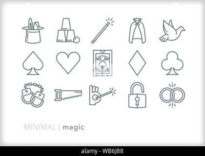 Set di 15 magic le icone della linea per i maghi mettendo su una performance di trucchi per un pubblico Illustrazione Vettoriale