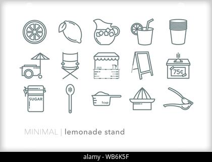 Set di 15 lemonade stand le icone della linea per il quartiere kids vendita di bevande o la raccolta di fondi per beneficenza Illustrazione Vettoriale