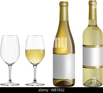 Isolate il vino bianco bicchieri e bottiglie illustrazione realistica Illustrazione Vettoriale