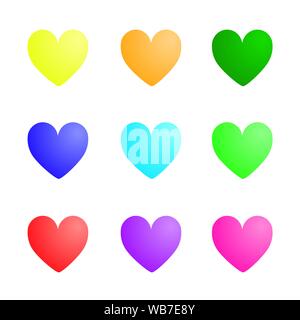 Cuore colorati, nove cuori con diversi colori, giallo, arancione, verde scuro, verde, blu scuro, blu, rosso, rosa, viola, con effetto 3D. Illustrazione Vettoriale