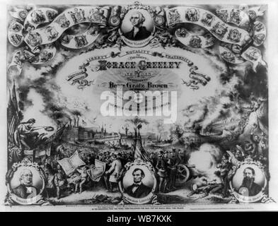 Per il Presidente Horace Greeley di New York e per il Vice Presidente Benjn. Gratz. Brown Abstract: stampa mostra un insolitamente elaborata e fantasiosa campagna banner di liberale Republican-Democratic candidato presidenziale Horace Greeley. I contrasti di stampa scene di guerra e di distruzione da Ulysses S. Grant è passato come una guerra civile generale (a destra) per il mondo delle lettere, la pace e il progresso avrebbe favorito da New York Tribune editor Greeley (sinistra). Indossa il suo marchio mantello bianco e occhiali, Greeley appare in primo piano di una affollata scena urbana, dove newsboys--in bianco e nero--hawk il TR Foto Stock