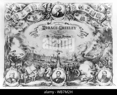 Per il presidente Horace Greeley di New York e per il vice presidente Benjn. Gratz Brown del Missouri Abstract: stampa mostra un insolitamente elaborata e fantasiosa campagna banner di liberale Republican-Democratic candidato presidenziale Horace Greeley. I contrasti di stampa scene di guerra e di distruzione da Ulysses S. Grant è passato come una guerra civile generale (a destra) per il mondo delle lettere, la pace e il progresso avrebbe favorito da New York Tribune editor Greeley (sinistra). Indossa il suo marchio mantello bianco e occhiali, Greeley appare in primo piano di una affollata scena urbana, dove newsboys--in bianco e nero-- Foto Stock