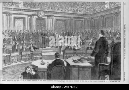 Diffida di impeachment del Andrew Johnson, dal Comitato della casa, Thaddeus Stevens e John A. Bingham, presso il bar del Senato, Washington D.C., il 25 Feb. Abstract/medio: 1 stampa : incisione su legno. Foto Stock