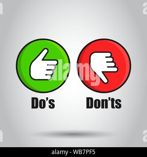 Cosa fare e cosa non fare firmare icona in stile appartamento. Come, a differenza di illustrazione vettoriale su sfondo isolato. Sì, nessun concetto aziendale. Illustrazione Vettoriale