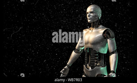 Robot futuristico, lucido android uomo circondato da polvere glitterata Foto Stock
