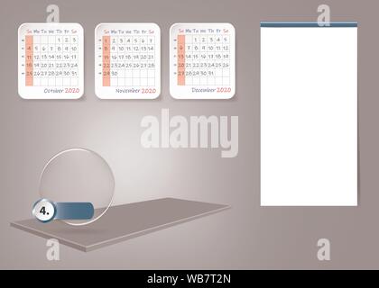 Calendario per il quarto trimestre del 2020 anno su 3d tavolo con etichetta vuota per le note e le attività principali. Tutti sul grigio chiaro dello sfondo. Illustrazione Vettoriale