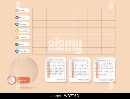 Calendario per il terzo trimestre del 2020 anno con settimanale planner grafico e etichetta vuota per le note e le attività principali. Settimana di inizio Domenica. Illustrazione Vettoriale