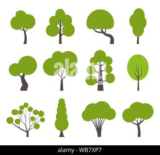 Grande set di vari alberi. Albero di set di icone in un moderno stile piatto. Pino, abete, quercia, betulla, tronco, Aspen, ontano, pioppo, castagno, palm apple tree Vect Illustrazione Vettoriale