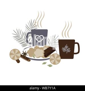 Inverno hygge concetto con bevande calde, essiccato arancione, i cookie di pan di zenzero e cannella e anice sul piatto o vassoio Illustrazione Vettoriale