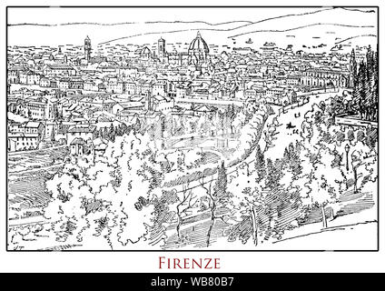 Tabella illustrata con una vista panoramica della città di Firenze capitale della regione Toscana in Italia centrale, da un lessico del XIX secolo Foto Stock