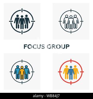 Gruppo focus icon set. Quattro elementi in diversi stili dalla pubblicità raccolta di icone. Creative focus group riempito di icone, contorno, colorata e piatto Illustrazione Vettoriale