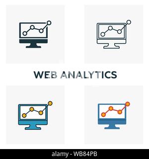 Web Analytics icon set. Quattro elementi in diversi stili dalla pubblicità raccolta di icone. Creative web analytics icone riempito, bordato e colorato Illustrazione Vettoriale