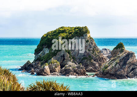 Isola di parete vicino a Cape Foulwind, Tauranga Bay, Nuova Zelanda. Copia spazio per il testo Foto Stock